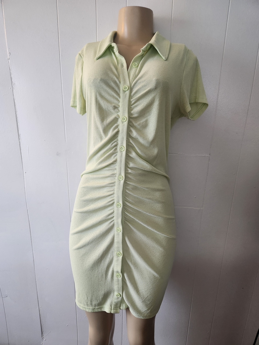 Light Green Ruched Button-Front Shirt Dress